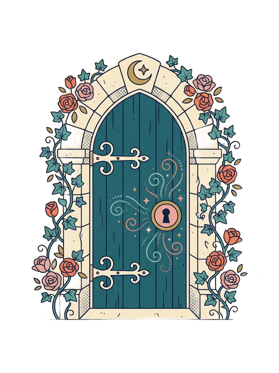 Enchanted garden door wreathed in roses — Emily's Garden